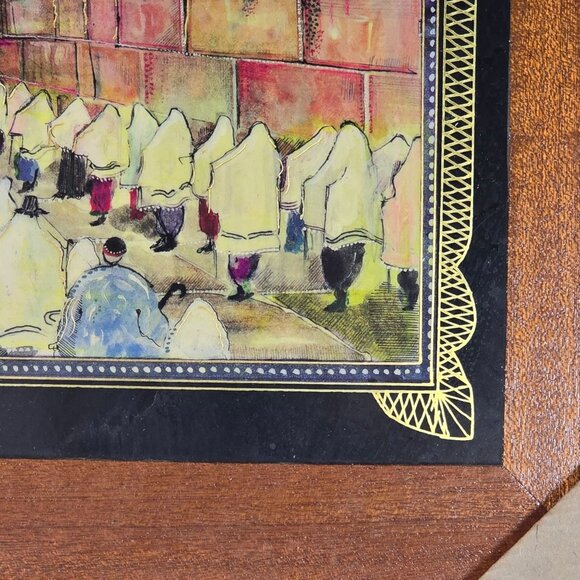 Vintage Framed Israeli Wall Art Of The Western Wall With Worshippers, 16" X 13" - Picture 4 of 9